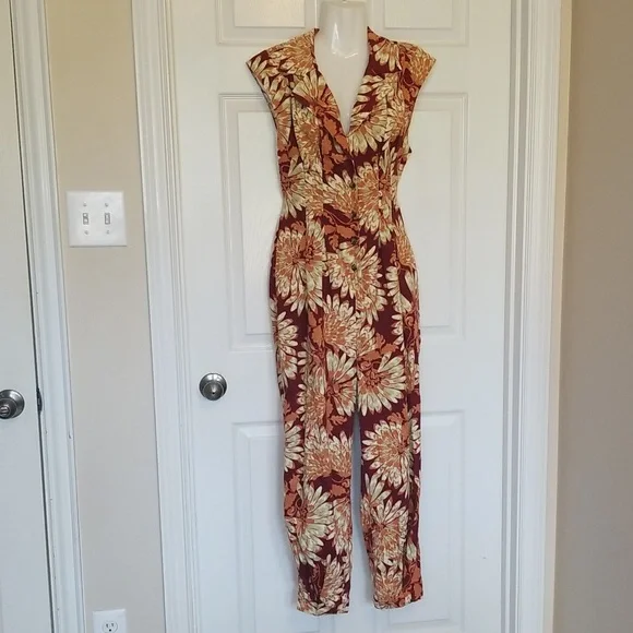 Free People Shasta Print Corduroy Shortsleeve Jumpsuit Floral Back Out Cutout - Picture 5 of 17